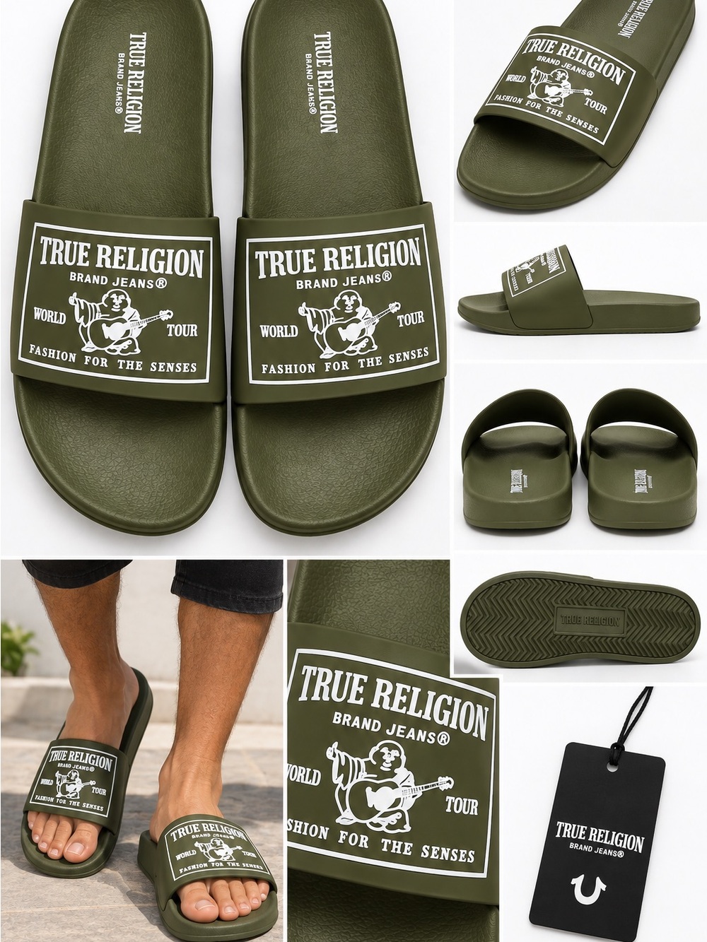 True Religion Olive Green Logo Slide Sandals with White Print